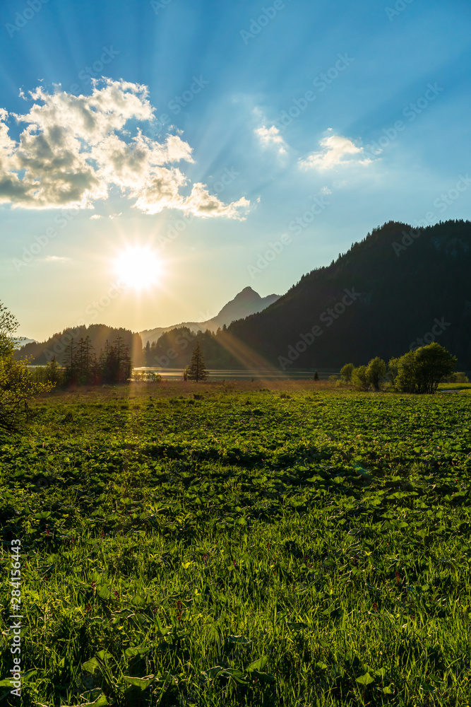 Idyllic sunset at the Haldensee in Austria 