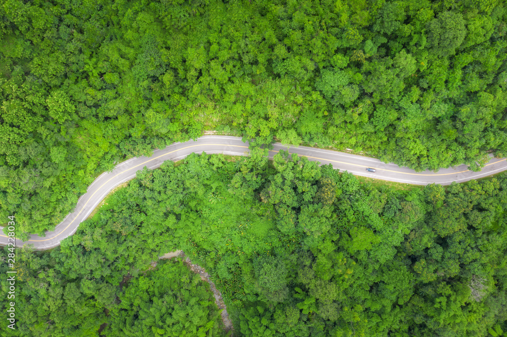 穿越美国东南部热带雨林和山区的乡村公路鸟瞰图