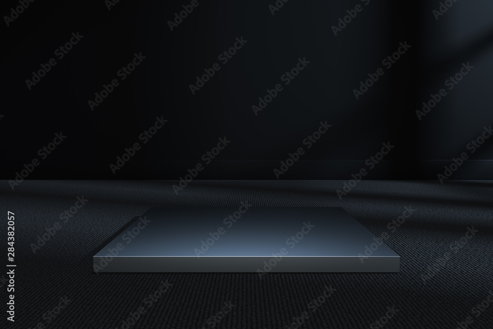 The metal cubic platform in the dark room, 3d rendering