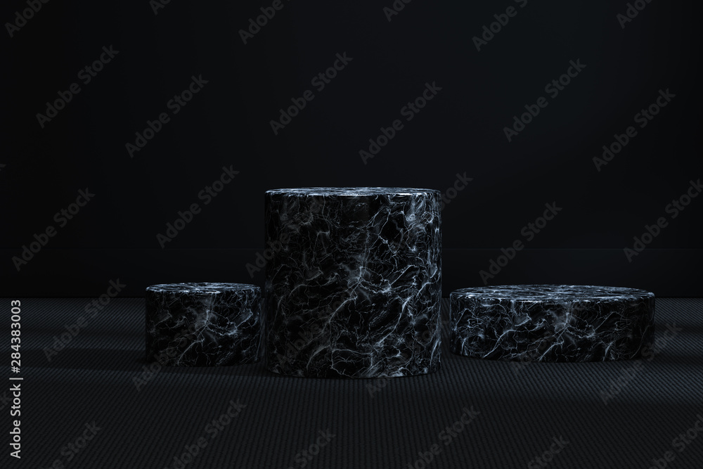 The marble cylinder platform in the dark room, 3d rendering