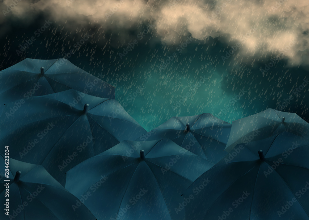 Rain and Clouds on black umbrella. Weather Concept