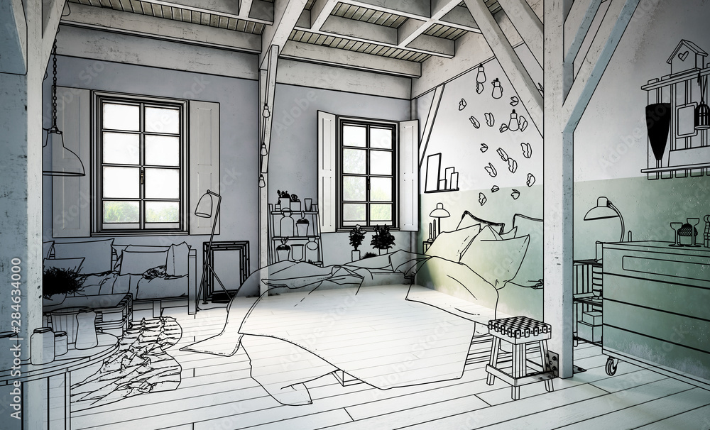 Truss Loft with Pallet Furniture (drawing) - 3d visualization