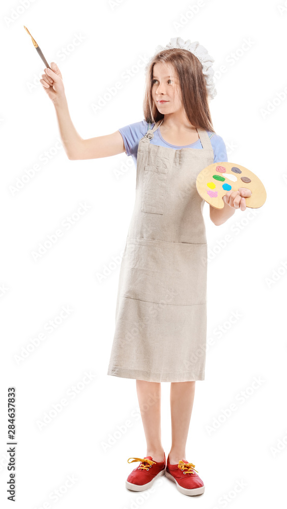 Cute little artist on white background