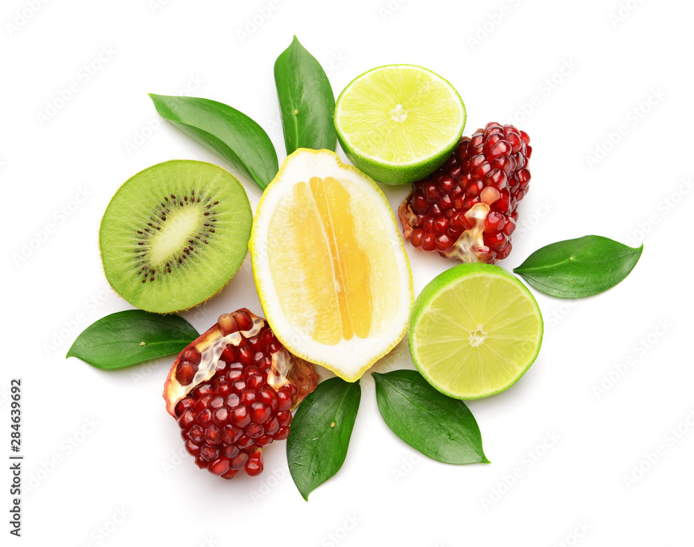 Different fresh fruits on white background