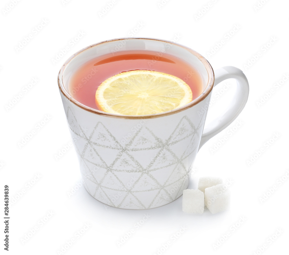 Cup of hot tea with lemon on white background