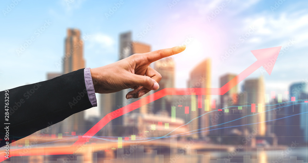 Double Exposure Image of Business and Finance - Businessman with report chart up forward to financia