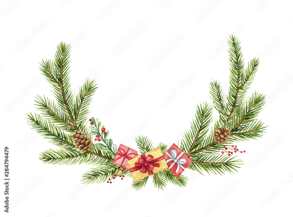 Watercolor vector Christmas wreath with green fir branches and gift.