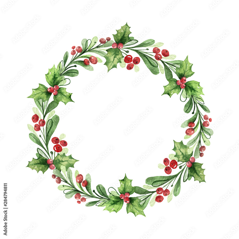 Watercolor vector Christmas wreath with green branches and red berries.