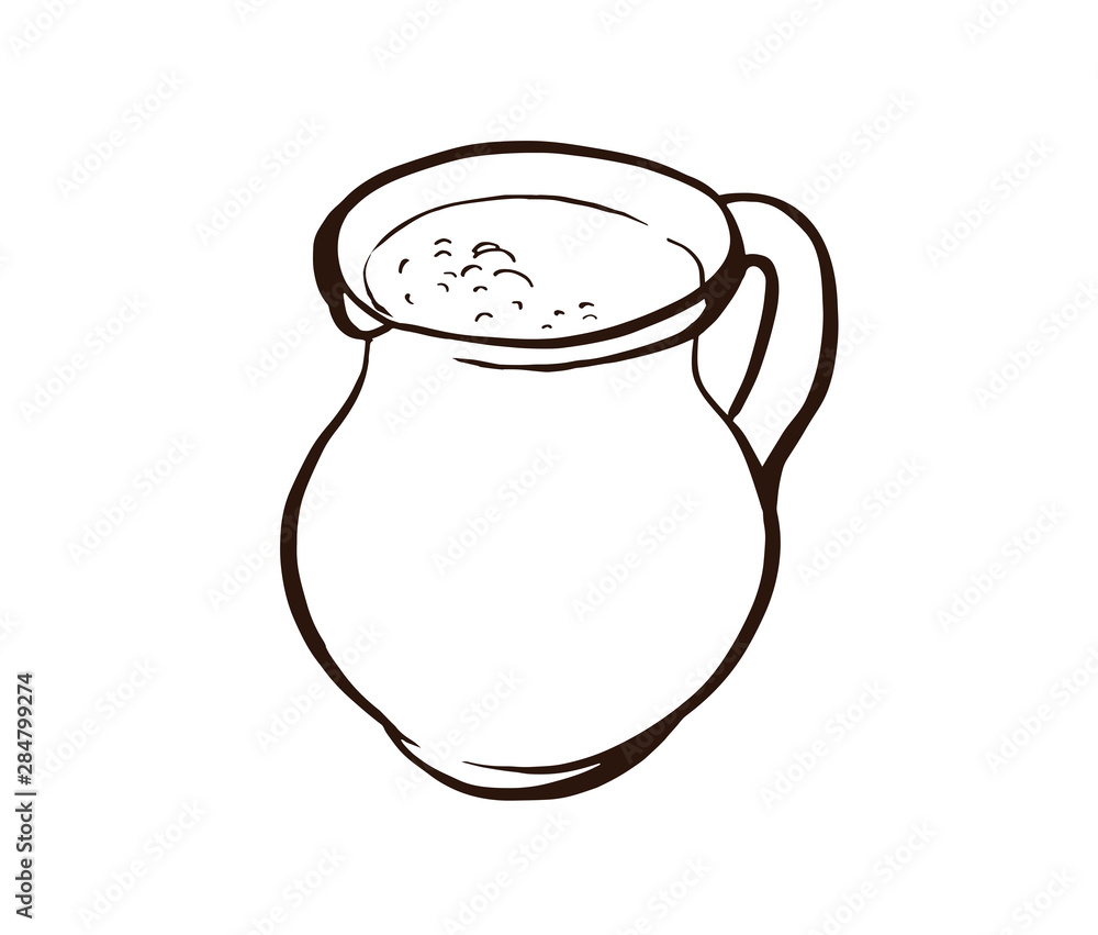 Clay mug of milk. Hand drawn design element.