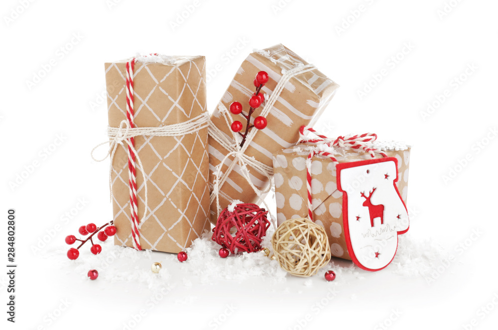 Beautiful Christmas gifts on white background