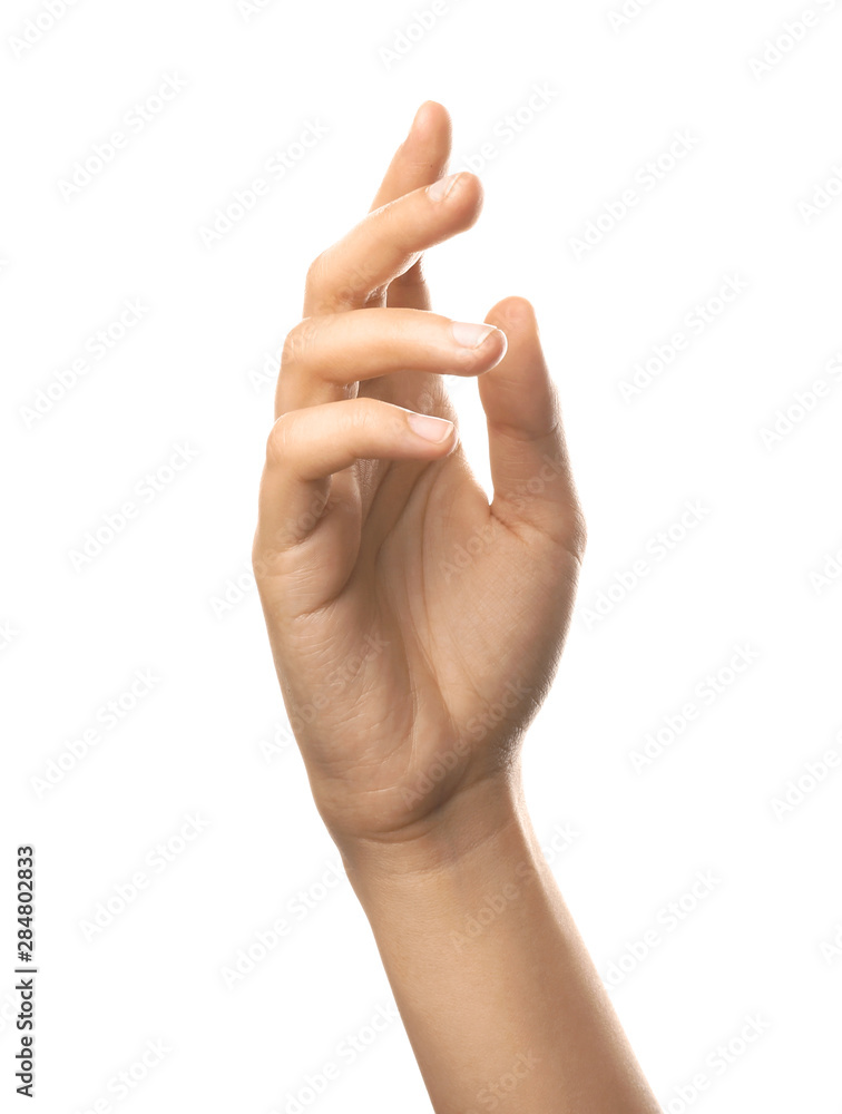 Female hand on white background