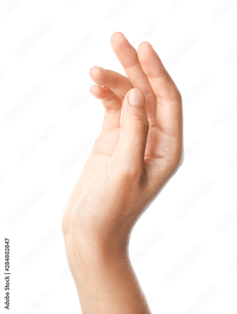 Female hand on white background