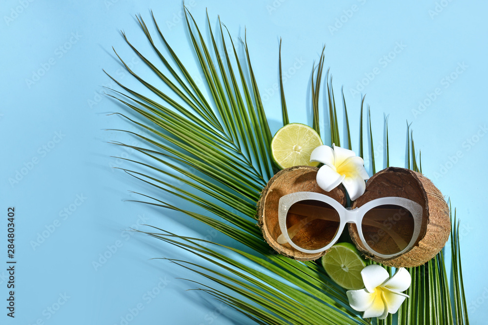 Stylish sunglasses, coconut, flowers and palm leaf on color background