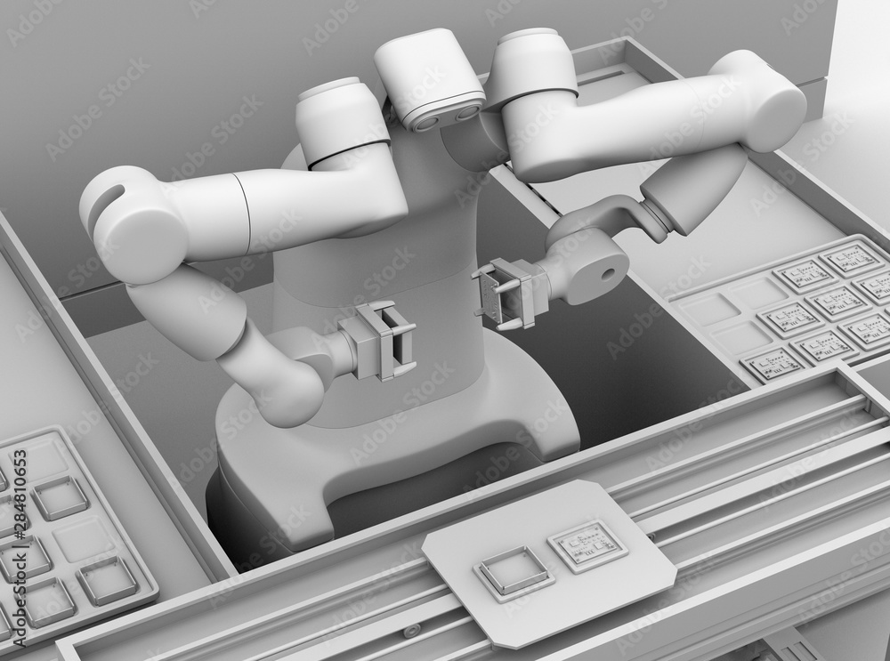 Clay rendering of dual-arm robot assembly printed circuit boards in cell-production space. Collabora