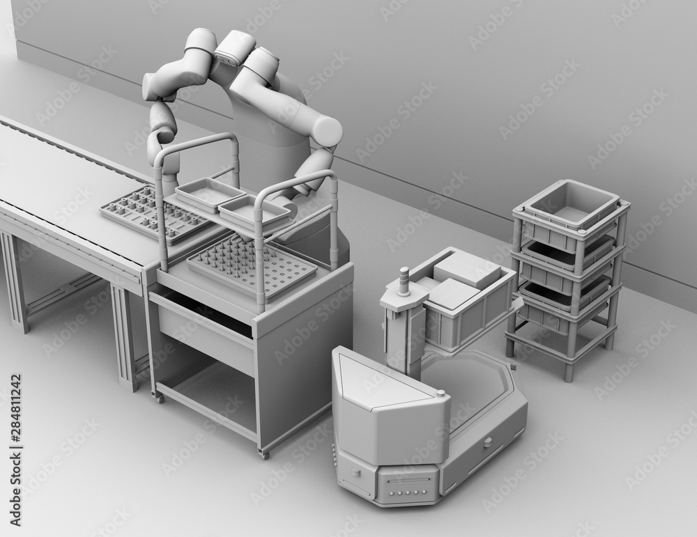 Clay rendering of dual-arm robot assembly motor coils in cell-production space. Collaborative robot 