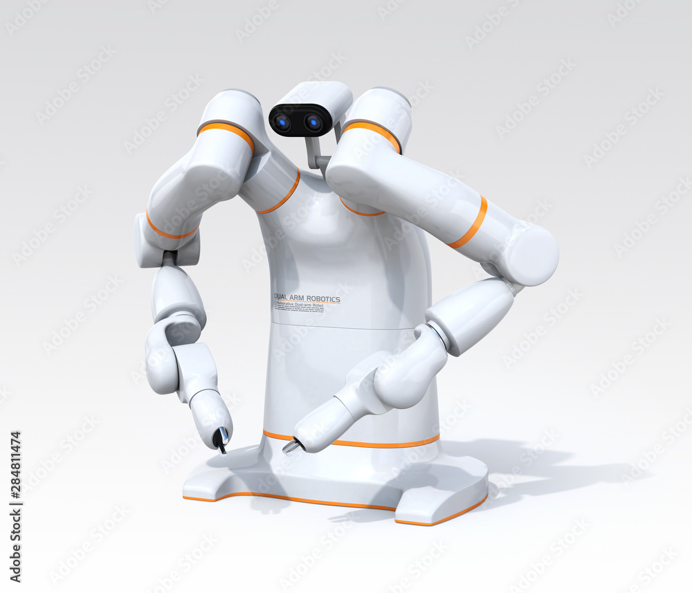 White dual-arm robot on gradient background. Collaborative robot concept. 3D rendering image.