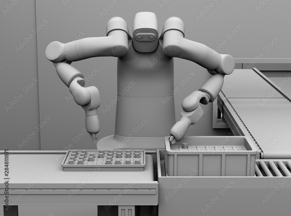 Clay rendering of dual-arm robot assembly motor coils in cell-production space. Collaborative robot 