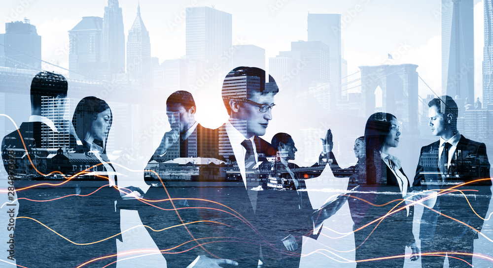 Double exposure of group of business people discuss on the background of the New York city