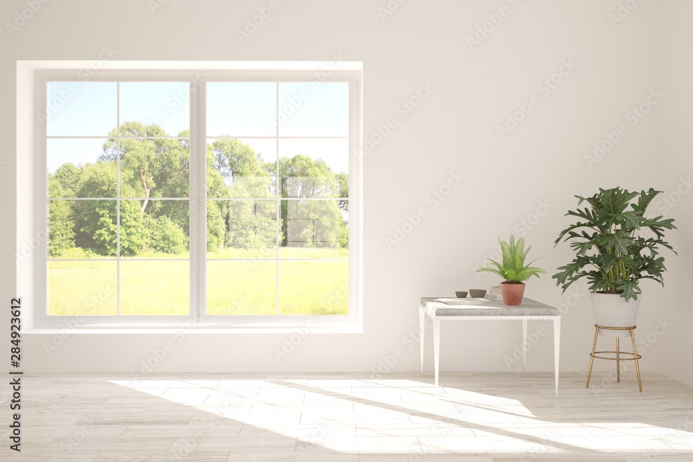 Stylish empty room in white color with summer landscape in window. Scandinavian interior design. 3D 