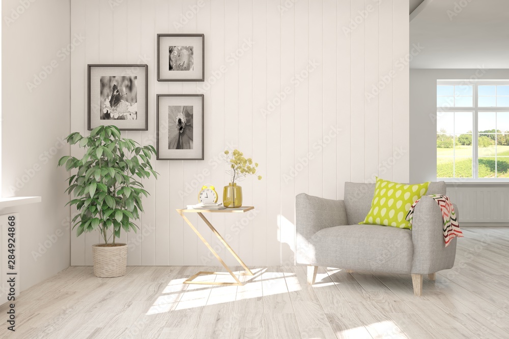 Stylish room in white color with armchair. Scandinavian interior design. 3D illustration