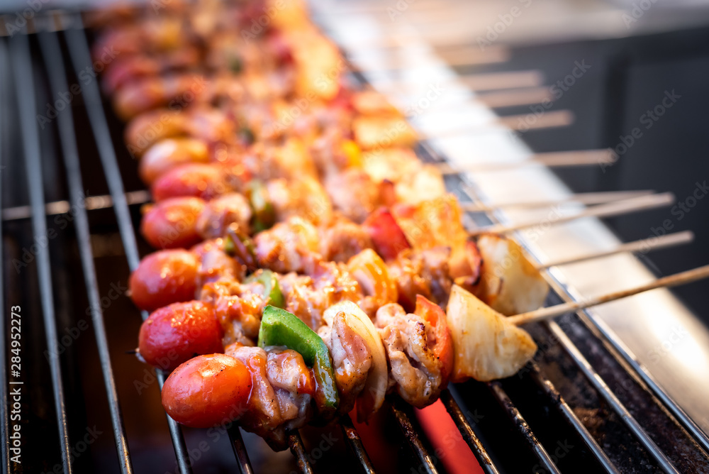 Barbecue skewers with vegetables  on the grill