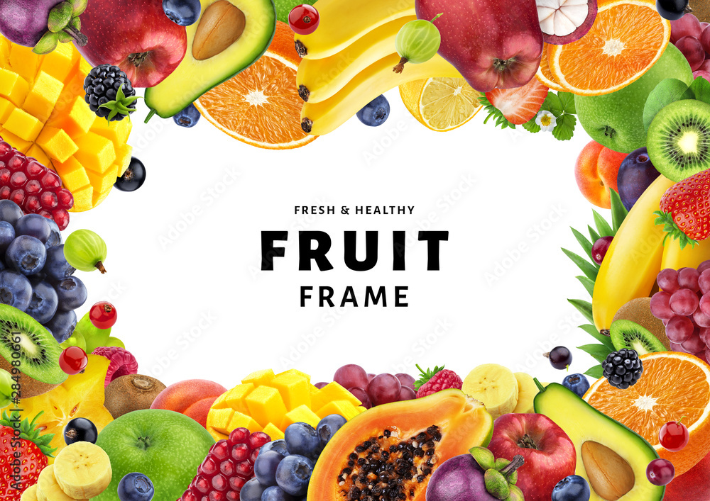 Frame made of fruits and berries isolated on white background