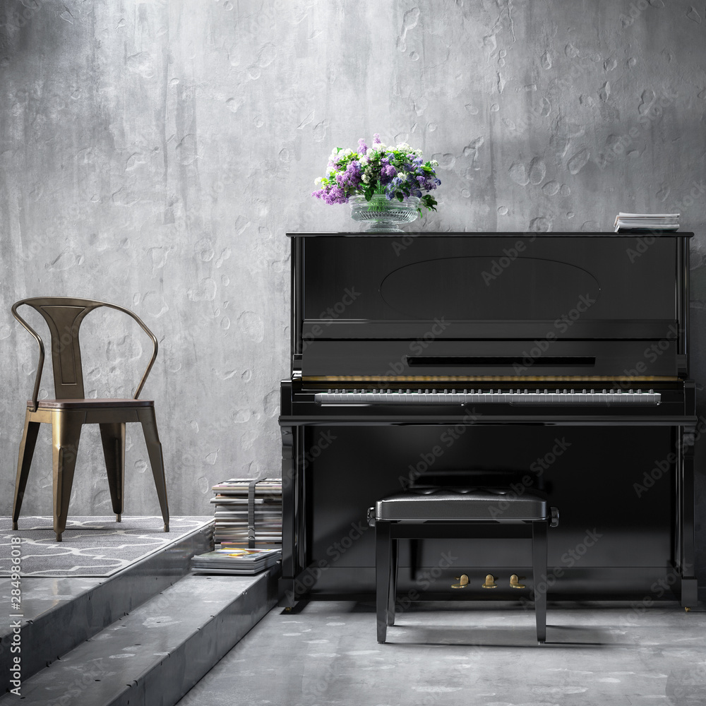 Arangment of Piano and Flowers - 3d visualization