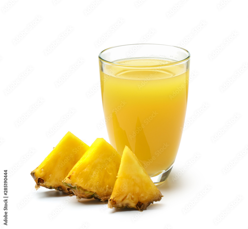 Glass of fresh pineapple juice on white background