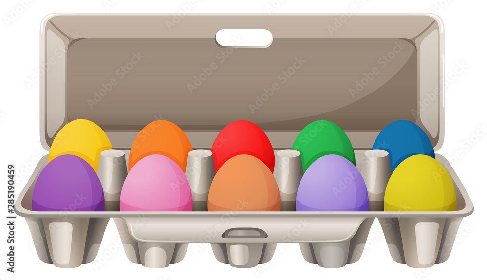 Colorful eggs in egg carton