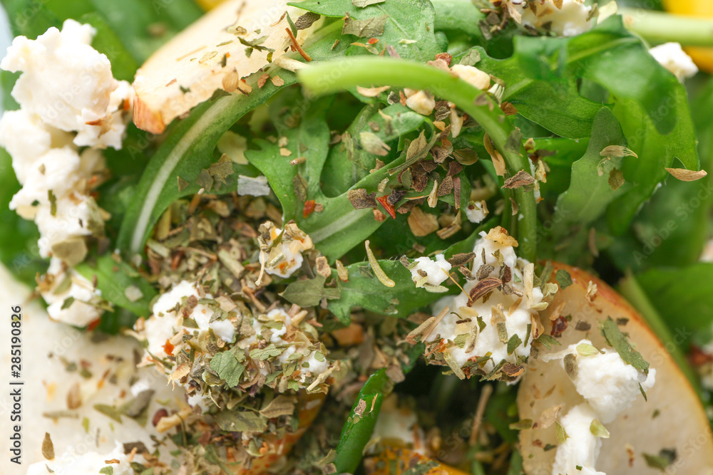 Tasty salad with arugula, closeup