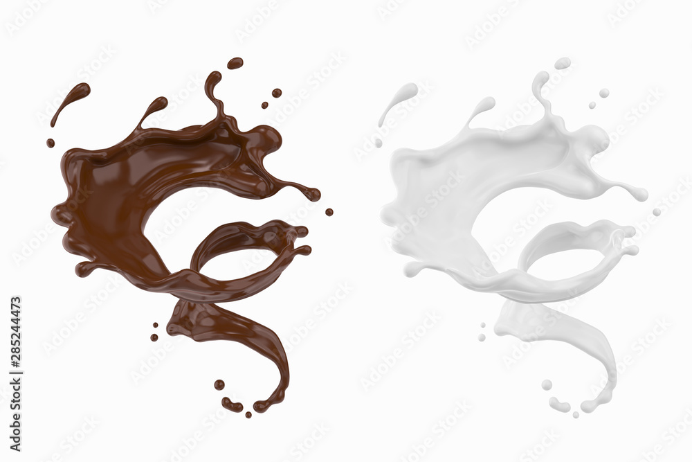 chocolate and Milk splash in shape of spiral and twist, 3d illustration.