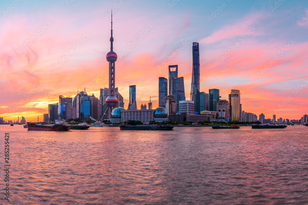 Shanghai skyline and modern buildings at sunrise,China.