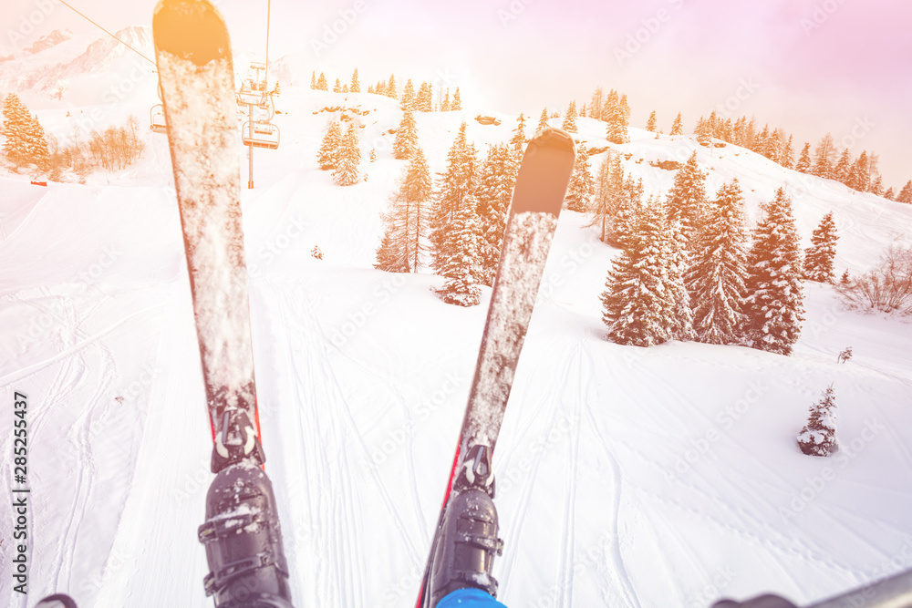 Pair of ski over snow covered forest from skilift