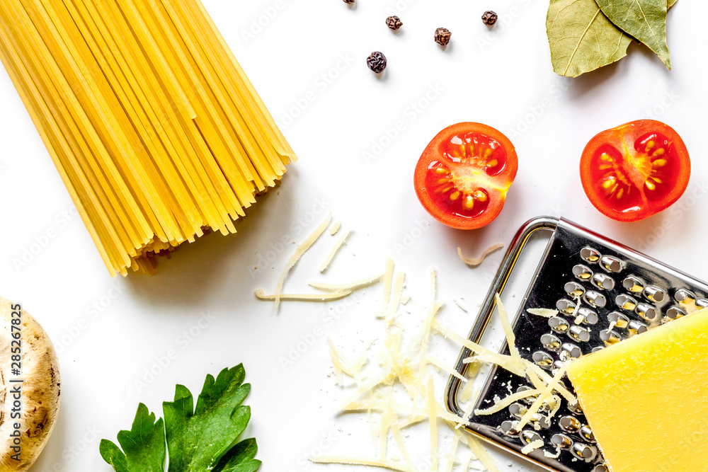 ingredients for cooking paste on white background top view