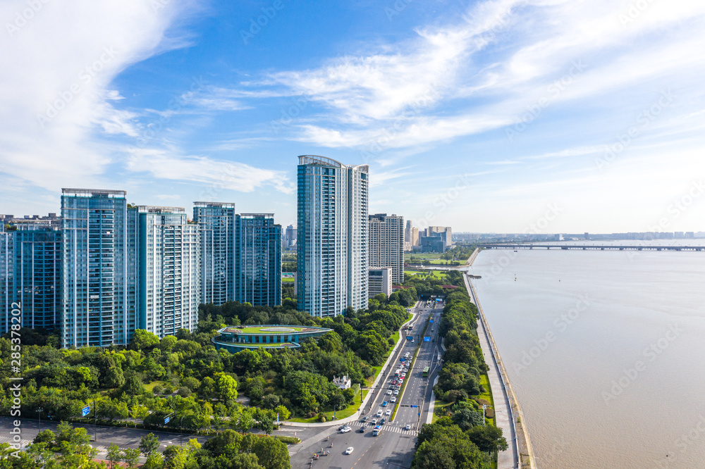 中国杭州城市天际线全景