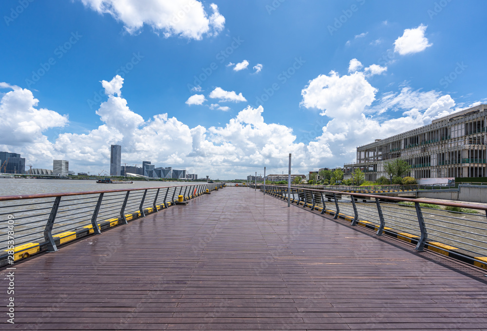 empty floor with city skyline