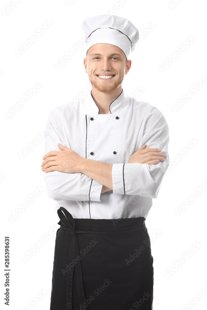 Handsome male chef on white background