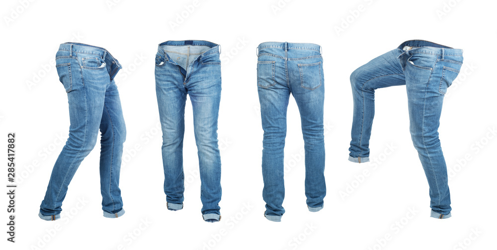 Blank empty jeans pants leftside, rightside, frontside and backside in moving isolated on a white ba