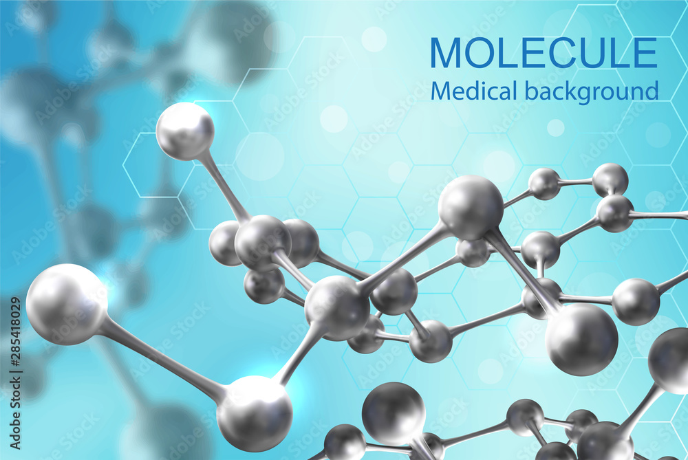 Background for medical theme. Molecules on a blue background. Vector realistic illustration.