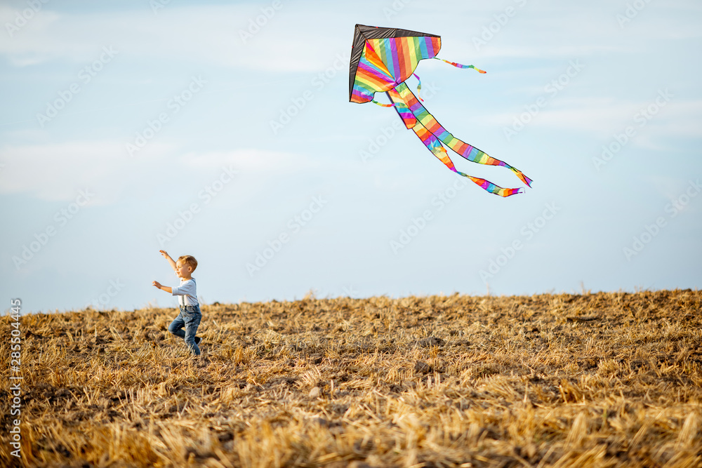 Kid running with colorful air kite on the field. Concept of a happy childhood, having fun during the