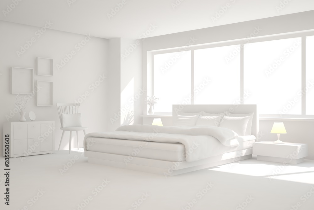 Modern bedroom in white color. Scandinavian interior design. 3D illustration