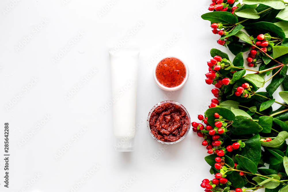 skin care with natural cosmetics with herbal extract on white background top view mockup