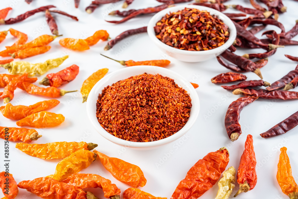 a plate of paprika and red dried chili on a white background