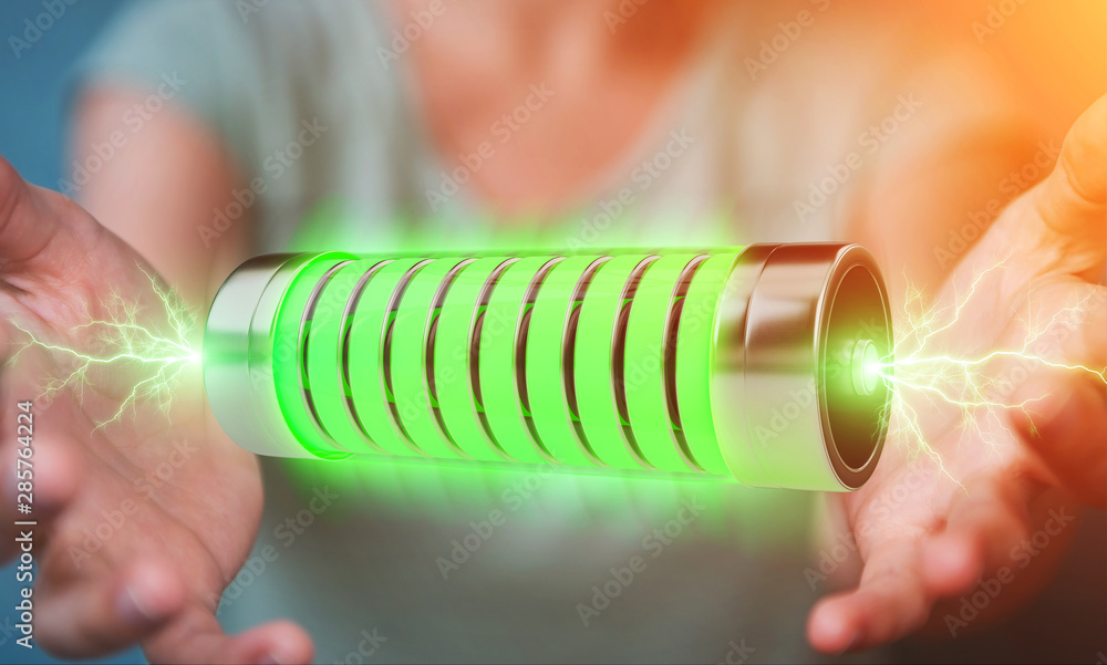 Businessman using green battery with lightnings 3D rendering