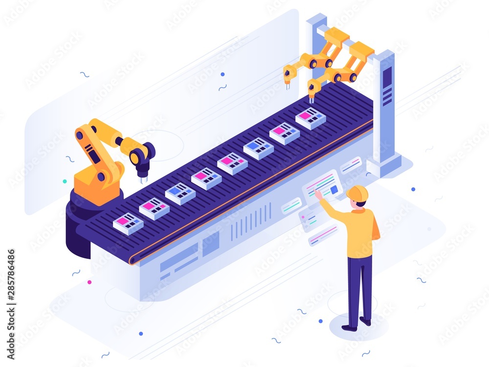 Isometric robotic factory. Engineer operates robotic conveyor, automatic robot arm and industrial ma