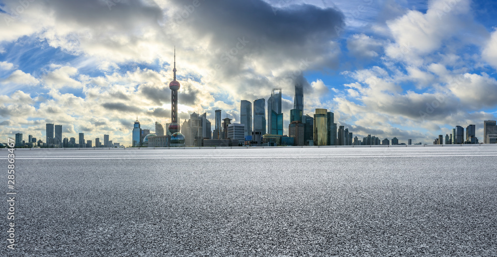 Empty highway and beautiful city buildings scenery in Shanghai,China.