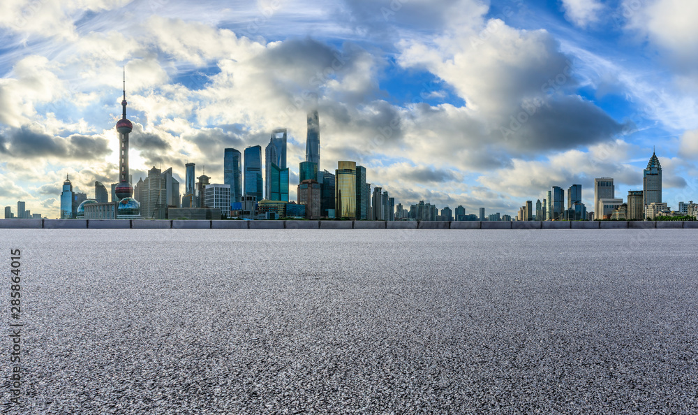 Empty highway and beautiful city buildings scenery in Shanghai,China.