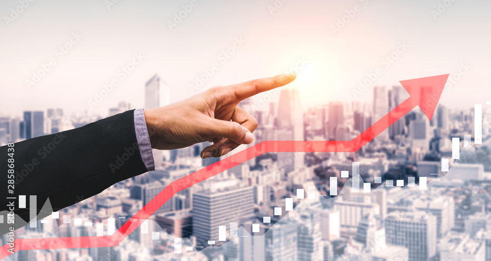 Double Exposure Image of Business and Finance - Businessman with report chart up forward to financia