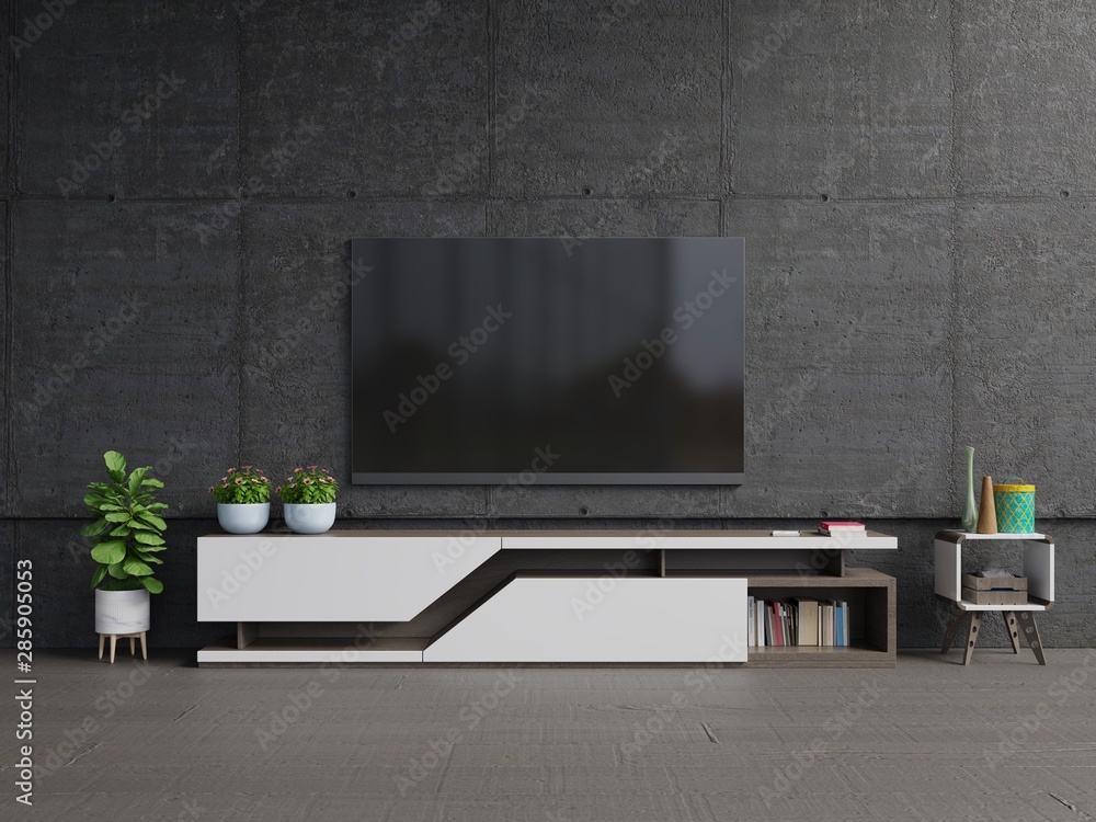 TV on cement stan in modern living room with lamp,table,flower and plant on cement wall background.