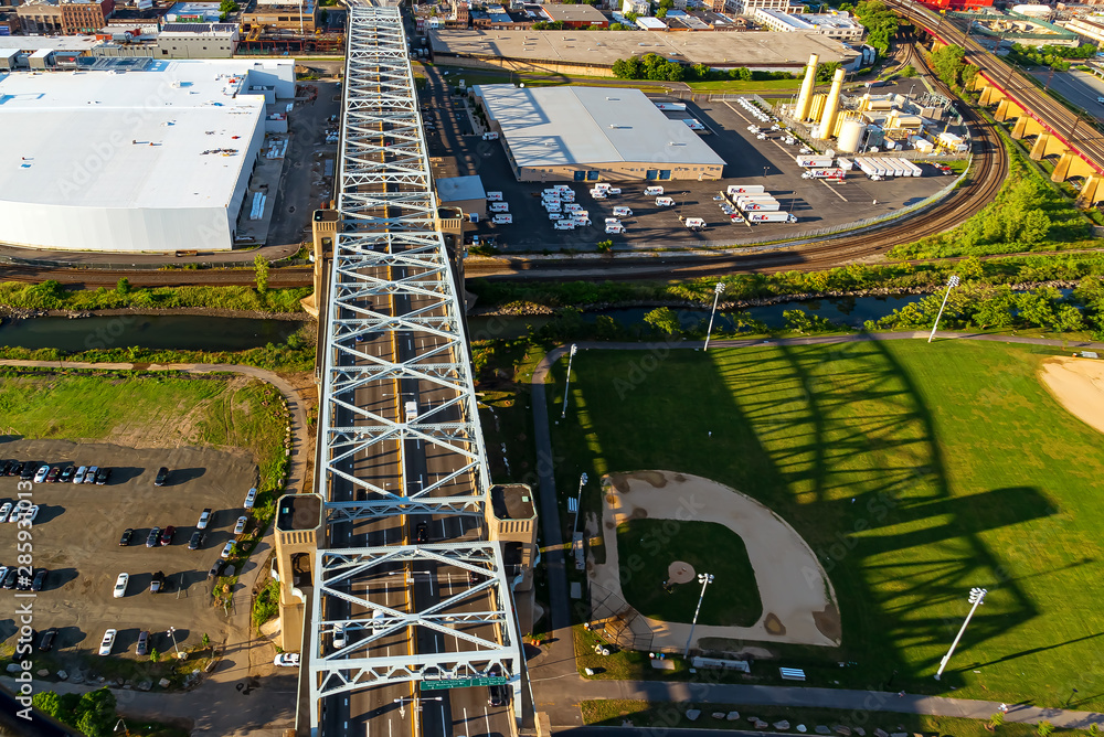 Aerial view of the Triborough Bridge on Randalls Island in New York City